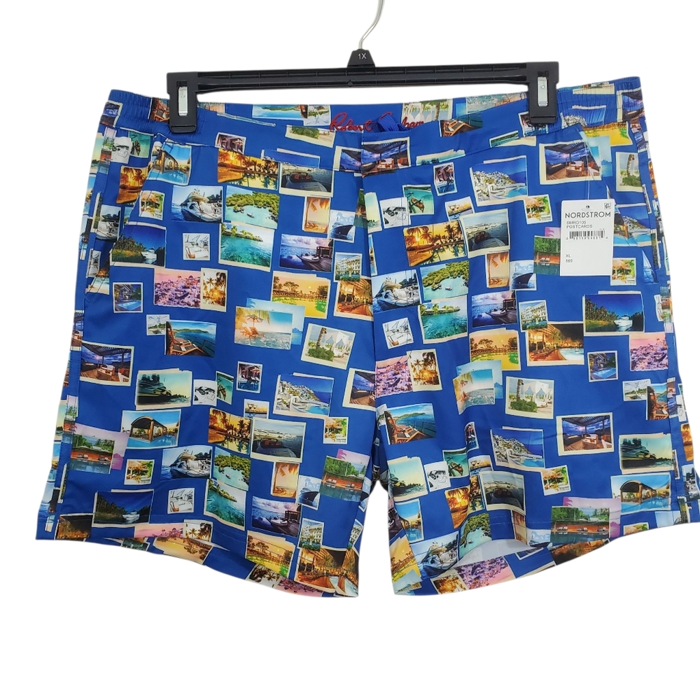 NWT Robert Graham Men's Swim Shorts Trunks Swimwear Postcard Print Vacation XL
